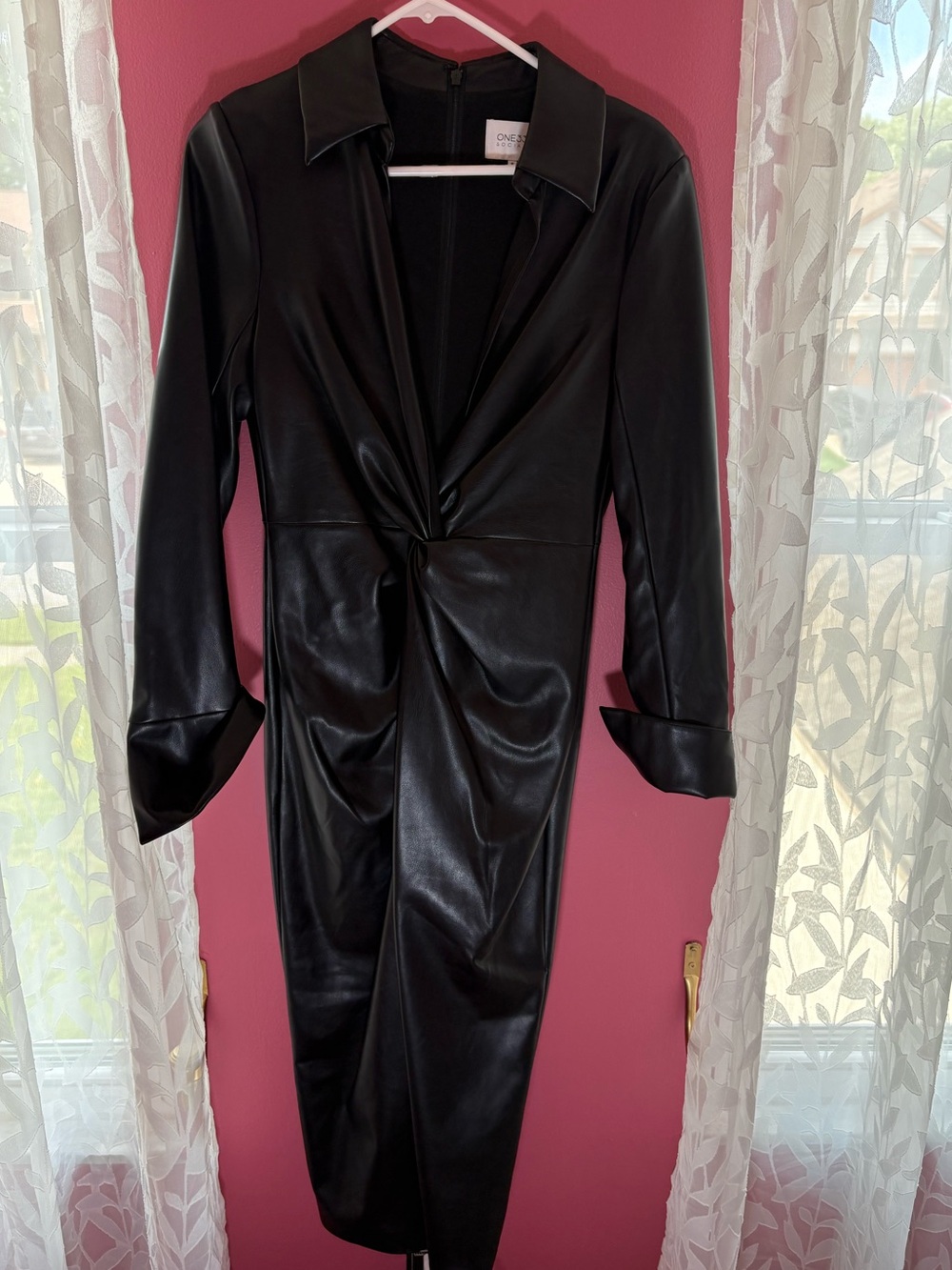 One Seven Faux Leather Black Twist-Front Coat - very deep V-neck